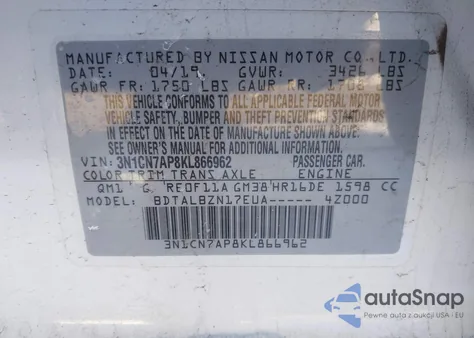 2019 Nissan Versa 1.6 Sv z USA, uszkodzony, nr VIN 3N1CN7AP8KL866962